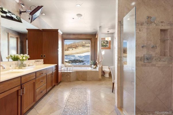 Bathroom, Dual Sink Vanities, Glass Shower, Interior, Pendant Lights, Recessed Lighting