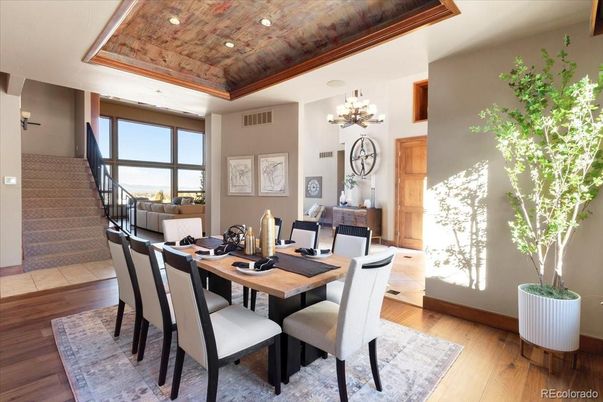 Chandelier, Dining room, Interior, Living room, Recessed Lighting, Wooden Ceilings, Wood Texture Flooring