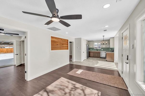 Chandelier, Interior, Kitchen, Recessed Lighting, Wood Texture Flooring