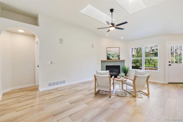 Fireplace, Interior, Recessed Lighting, Wood Texture Flooring