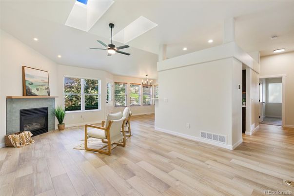 Empty room, Fireplace, Interior, Recessed Lighting, Wood Texture Flooring
