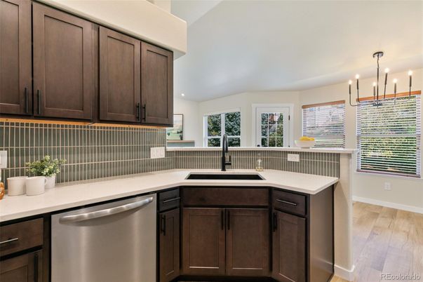 Interior, Kitchen, Pendant Lights, Stainless Steel Appliances, Wood Texture Flooring