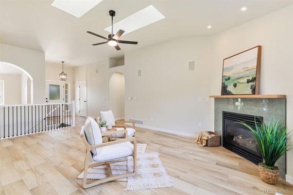 Fireplace, Interior, Pendant Lights, Recessed Lighting, Wood Texture Flooring