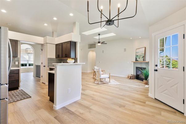 Fireplace, Interior, Kitchen, Pendant Lights, Recessed Lighting, Wood Texture Flooring