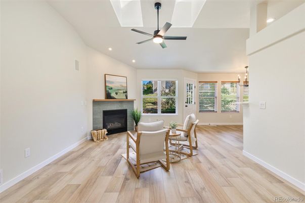 Fireplace, Interior, Living room, Recessed Lighting, Wood Texture Flooring