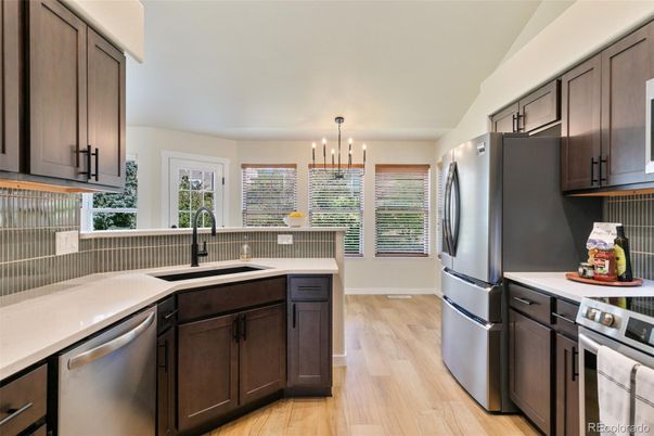 Interior, Kitchen, Pendant Lights, Stainless Steel Appliances, Wood Texture Flooring