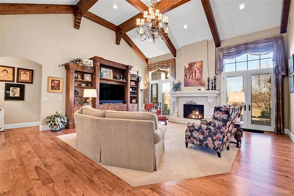 Chandelier, Fireplace, Interior, Living room, Recessed Lighting, Wooden Beams, Wood Texture Flooring