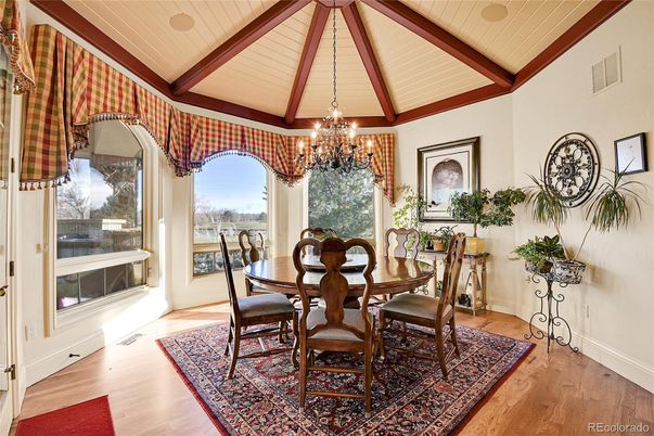 Chandelier, Dining room, Interior, Wooden Beams, Wood Texture Flooring