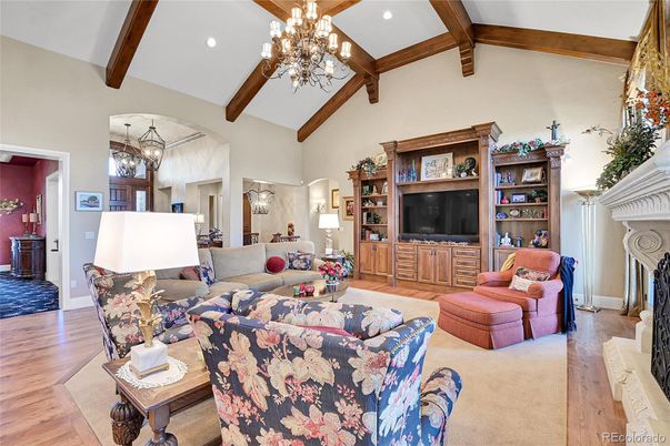 Chandelier, Fireplace, Interior, Living room, Recessed Lighting, Wooden Beams, Wood Texture Flooring