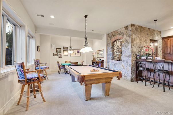 Billiard Table, Game Room, Interior, Pendant Lights, Recessed Lighting, Stone Walls