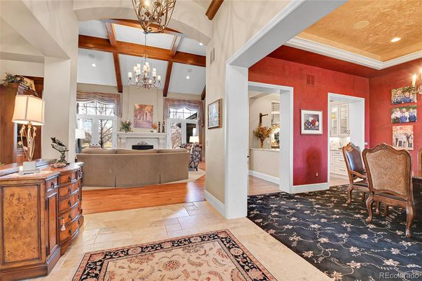 Chandelier, Dining room, Fireplace, Interior, Living room, Recessed Lighting, Wooden Beams, Wooden Ceilings