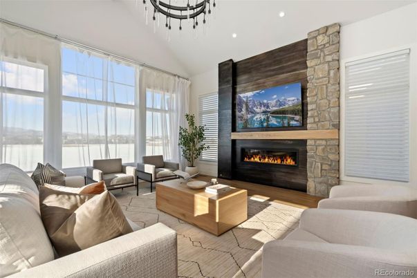 Fireplace, Interior, Living room, Recessed Lighting, Wood Texture Flooring