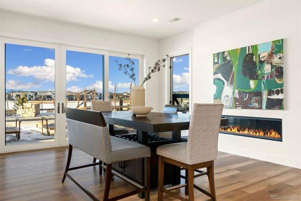 Dining room, Fireplace, Interior, Recessed Lighting, Wood Texture Flooring