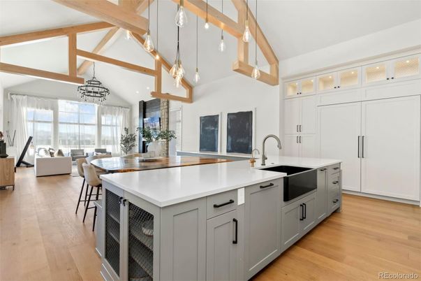 Dining room, Interior, Kitchen, Living room, Pendant Lights, Wooden Beams, Wood Texture Flooring