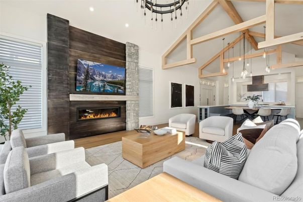 Dining room, Fireplace, Interior, Kitchen, Living room, Pendant Lights, Recessed Lighting, Wooden Beams, Wood Texture Flooring