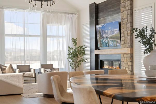 Dining room, Fireplace, Interior, Living room, Pendant Lights, Wood Texture Flooring