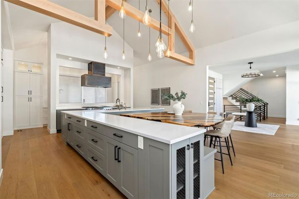 Dining room, Interior, Kitchen, Pendant Lights, Recessed Lighting, Stainless Steel Appliances, Wooden Beams, Wood Texture Flooring