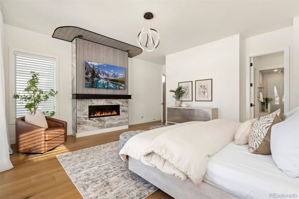 Bedroom, Fireplace, Interior, Pendant Lights, Wood Texture Flooring