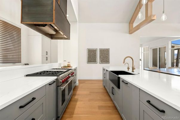 Interior, Kitchen, Pendant Lights, Stainless Steel Appliances, Wood Texture Flooring