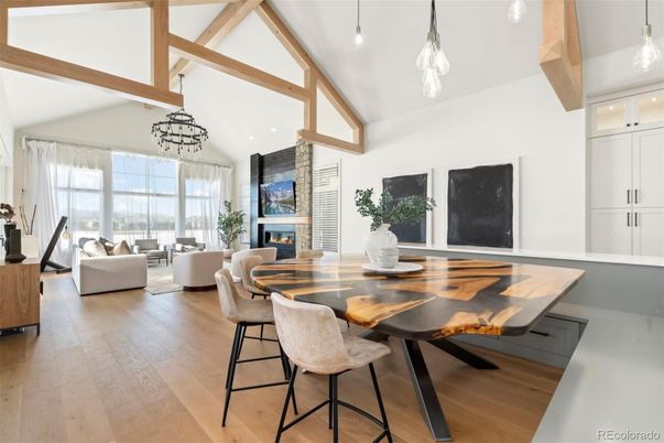 Dining room, Fireplace, Interior, Living room, Pendant Lights, Wooden Beams, Wood Texture Flooring