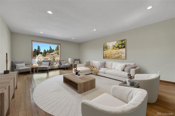 Interior, Living room, Recessed Lighting, Wood Texture Flooring