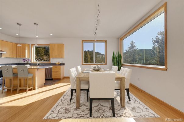 Dining room, Interior, Kitchen, Pendant Lights, Recessed Lighting, Wood Texture Flooring