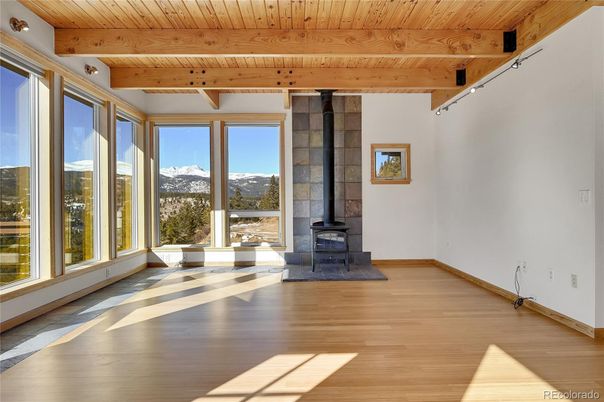 Empty room, Fireplace, Interior, Wooden Beams, Wooden Ceilings, Wood Texture Flooring