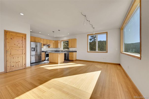 Interior, Kitchen, Pendant Lights, Recessed Lighting, Stainless Steel Appliances, Wood Texture Flooring