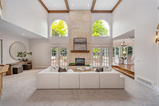 Fireplace, Interior, Living room, Recessed Lighting, Stone Walls, Wooden Beams