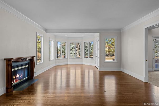 Empty room, Fireplace, Interior, Recessed Lighting, Wood Texture Flooring