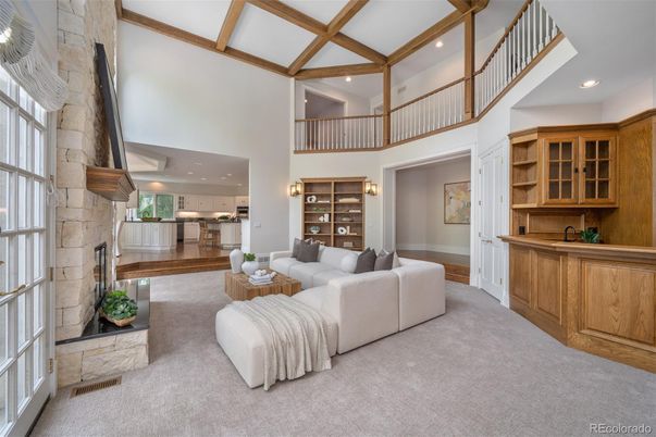 Fireplace, Interior, Kitchen, Living room, Recessed Lighting, Stone Walls