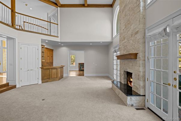 Fireplace, Interior, Recessed Lighting, Wooden Beams