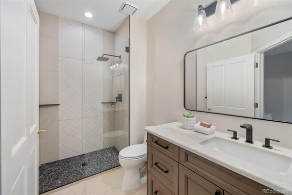 Bathroom, Dual Sink Vanities, Glass Shower, Interior, Recessed Lighting
