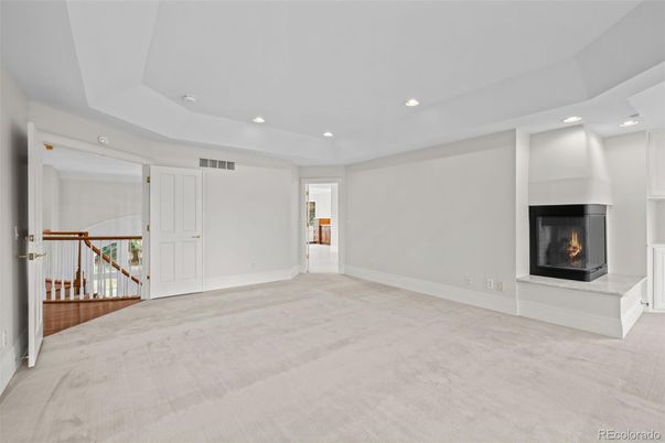 Empty room, Fireplace, Interior, Recessed Lighting, Wood Texture Flooring