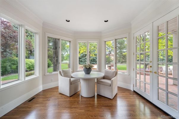 Dining room, Interior, Recessed Lighting, Sun Room, Wood Texture Flooring