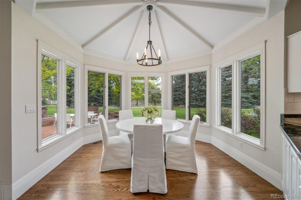 Dining room, Interior, Pendant Lights, Sun Room, Wood Texture Flooring