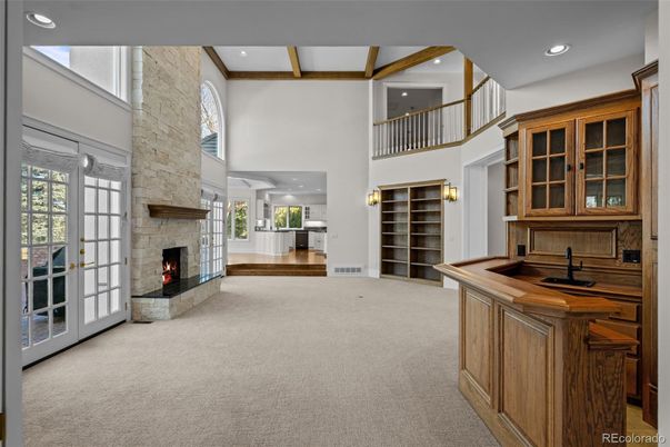 Fireplace, Interior, Recessed Lighting, Wooden Beams