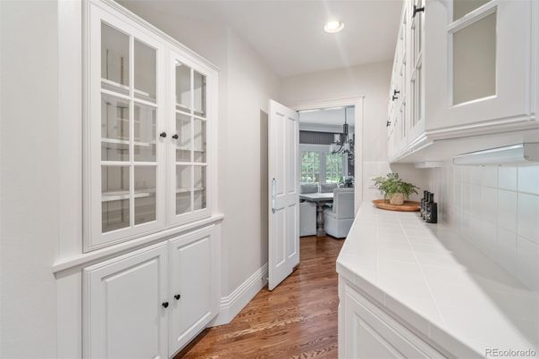 Bathroom, Interior, Recessed Lighting, Tile Countertops, Wood Texture Flooring