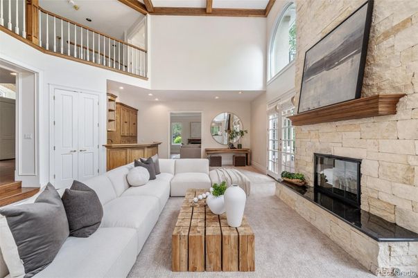 Fireplace, Interior, Living room, Recessed Lighting, Stone Walls, Wooden Beams, Wood Texture Flooring