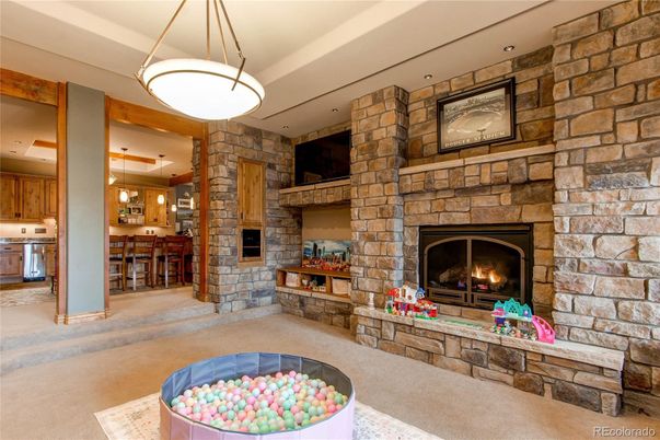 Fireplace, Interior, Kitchen, Pendant Lights, Stone Walls