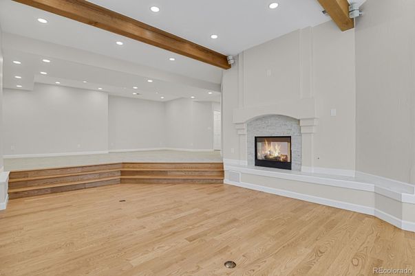 Empty room, Fireplace, Interior, Recessed Lighting, Wooden Beams, Wood Texture Flooring