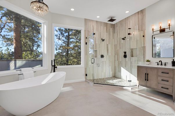 Bathroom, Chandelier, Free Standing Baths, Glass Shower, Interior, Recessed Lighting
