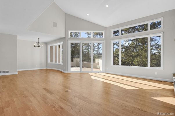 Empty room, Interior, Pendant Lights, Recessed Lighting, Wood Texture Flooring