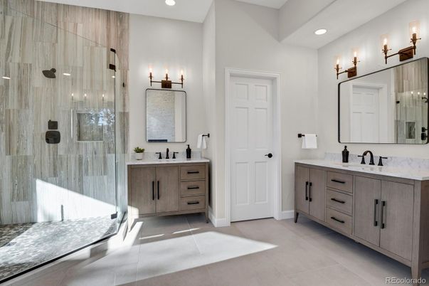 Bathroom, Dual Sink Vanities, Glass Shower, Interior, Recessed Lighting
