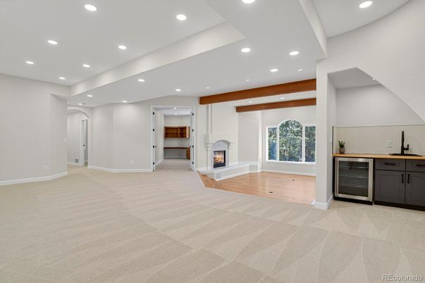 Empty room, Fireplace, Interior, Recessed Lighting, Wooden Beams
