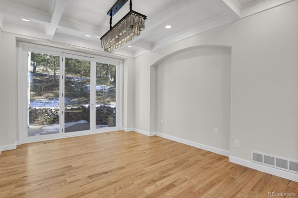 Chandelier, Empty room, Interior, Recessed Lighting, Wood Texture Flooring