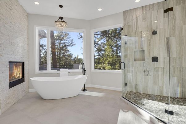 Bathroom, Fireplace, Free Standing Baths, Glass Shower, Interior, Pendant Lights, Recessed Lighting