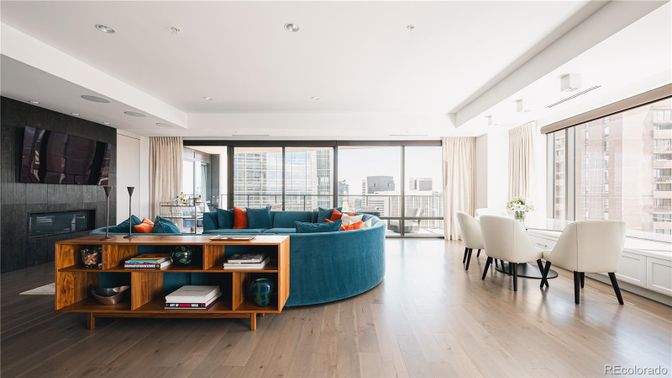 Dining room, Fireplace, Interior, Living room, Recessed Lighting, Wood Texture Flooring