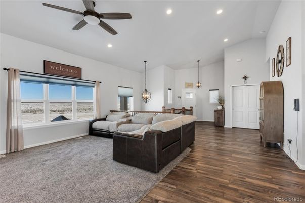 Dining room, Interior, Living room, Pendant Lights, Recessed Lighting, Wood Texture Flooring