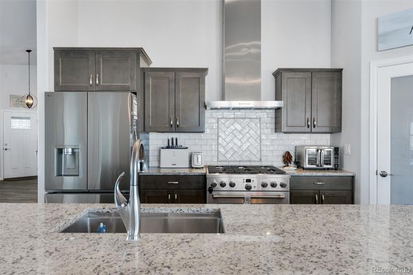 Interior, Kitchen, Pendant Lights, Stainless Steel Appliances, Wood Texture Flooring